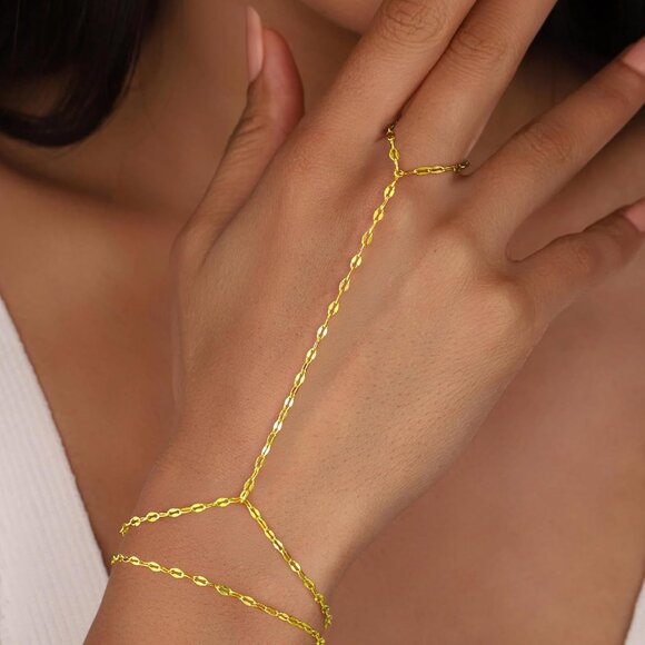 Dainty 14K Gold Plated Hand Chain Lip Hand Bracelet Women Layered Ring Jewelry - Picture 2 of 7